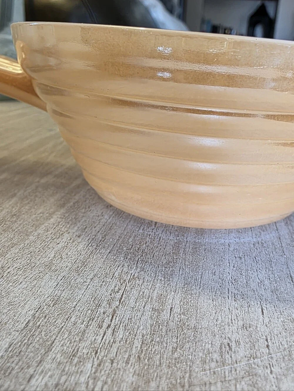 Fire King Vintage Peach Lustre Chili Bowl with Handle Beehive Ribbed Iridescent